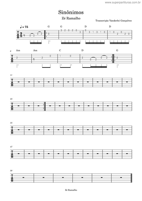 Partitura da música Sinônimos – Zé Ramalho Violão Introdução