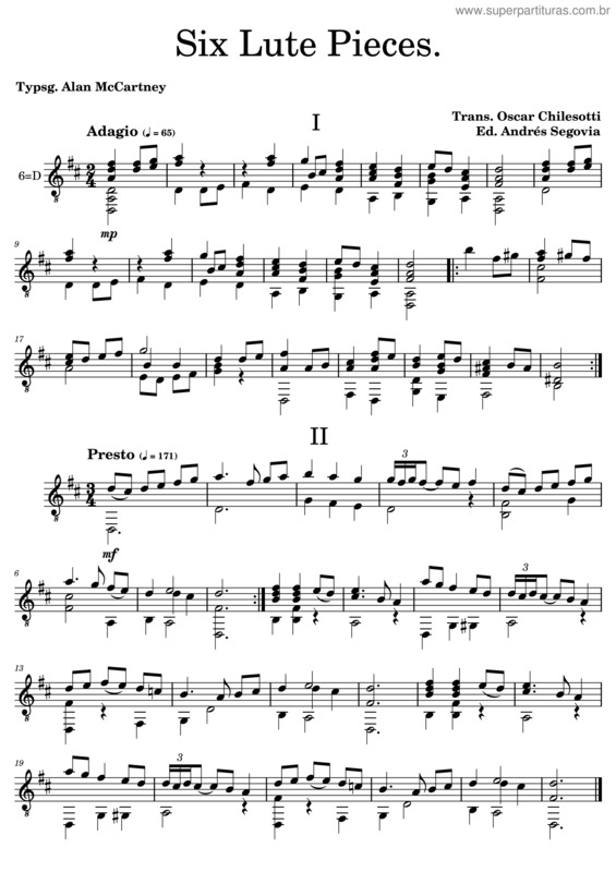 Partitura da música Six Lute Pieces Of The Renaissance – Chilesotti Ed. Segovia