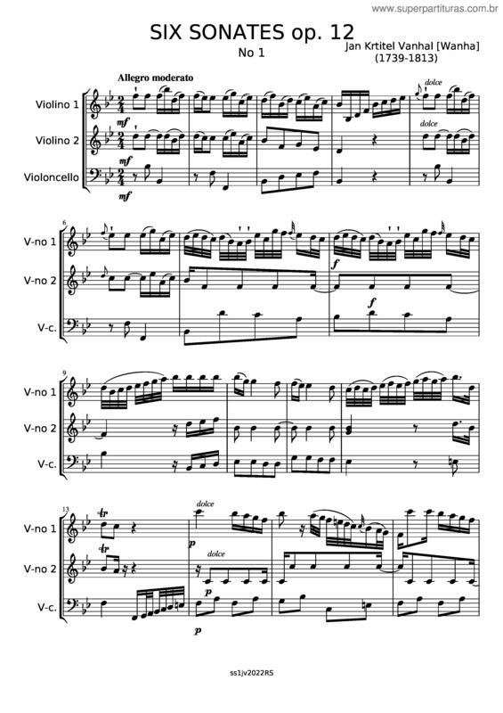 Partitura da música Six Sonates Op.12 No 1  2Vn.Vc – Vanhal Jan Krtitel