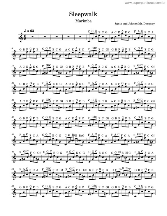 Partitura da música Sleepwalk – Santo & Johnny Sleepwalk Marimba Only