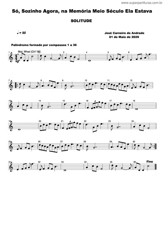 Partitura da música Só, Sozinho Agora, Na Memória Meio Século Ela Estava