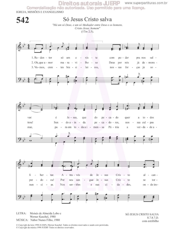 Partitura da música Só Jesus Cristo Salva - 542 HCC v.2