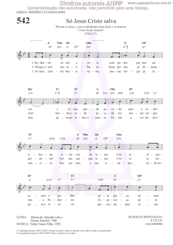 Partitura da música Só Jesus Cristo Salva - 542 HCC