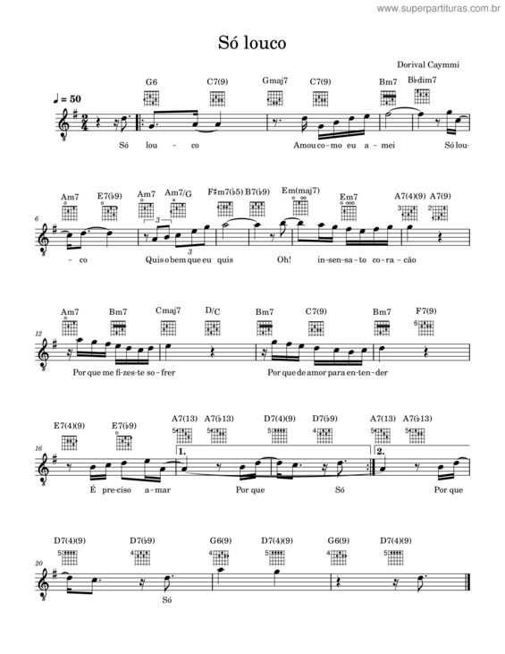 Partitura da música Só Louco – Dorival Caymmi