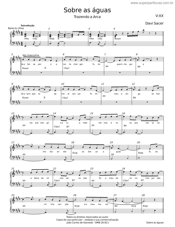 Partitura da música Sobre As Águas – Davi Sacer