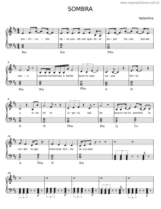 Partitura da música Sombra – Valentina