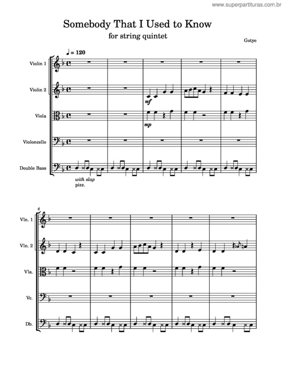 Partitura da música Somebody That I Used To Know – Gotye – For String Quintet