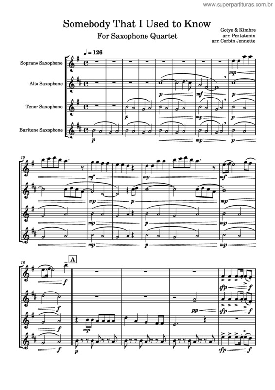 Partitura da música Somebody That I Used To Know – Gotye For Saxophone Quartet