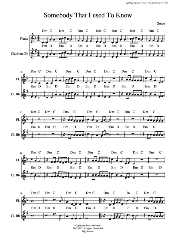 Partitura da música Somebody That I Used To Know – Gotye v.4