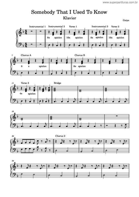 Partitura da música Somebody That I Used To Know – Klavier