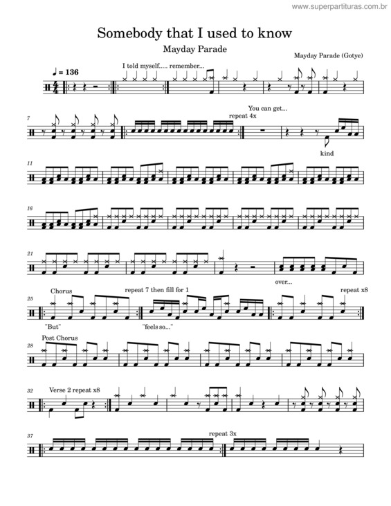 Partitura da música Somebody That I Used To Know – Mayday Parade