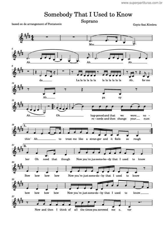 Partitura da música Somebody That I Used To Know – Pentatonix Somebody That I Used To Know S