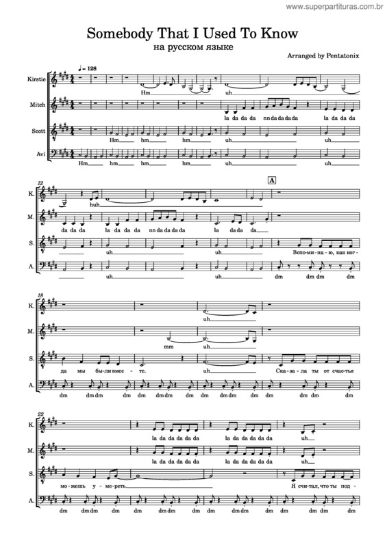Partitura da música Somebody That I Used To Know – Pentatonix