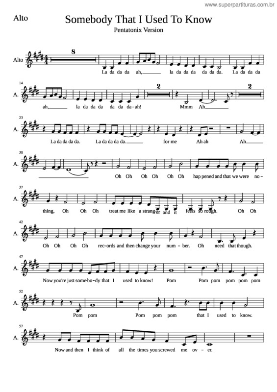 Partitura da música Somebody That I Used To Know Pentatonix Alto