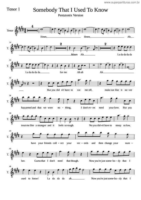 Partitura da música Somebody That I Used To Know Pentatonix Tenor 1