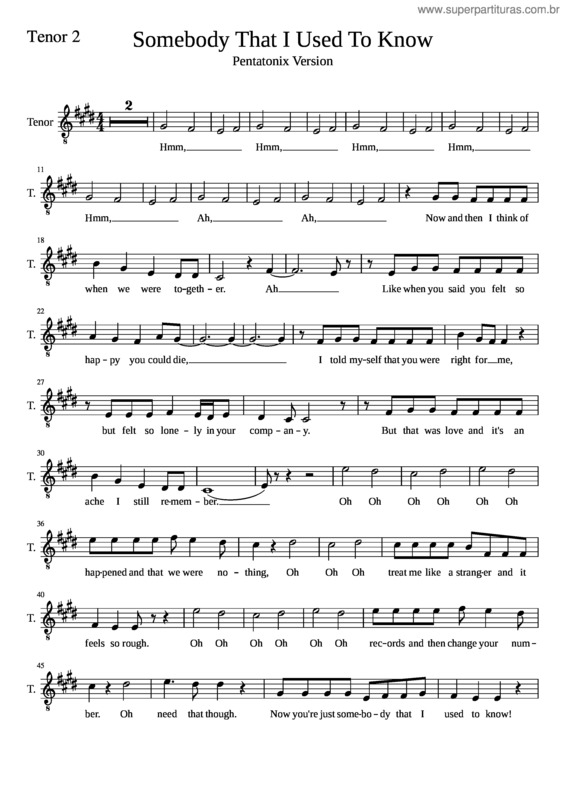 Partitura da música Somebody That I Used To Know Pentatonix Tenor 2