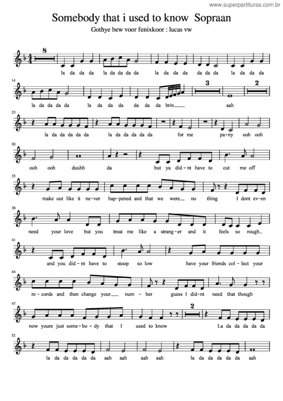 Partitura da música Somebody That I Used To Know Sopraan