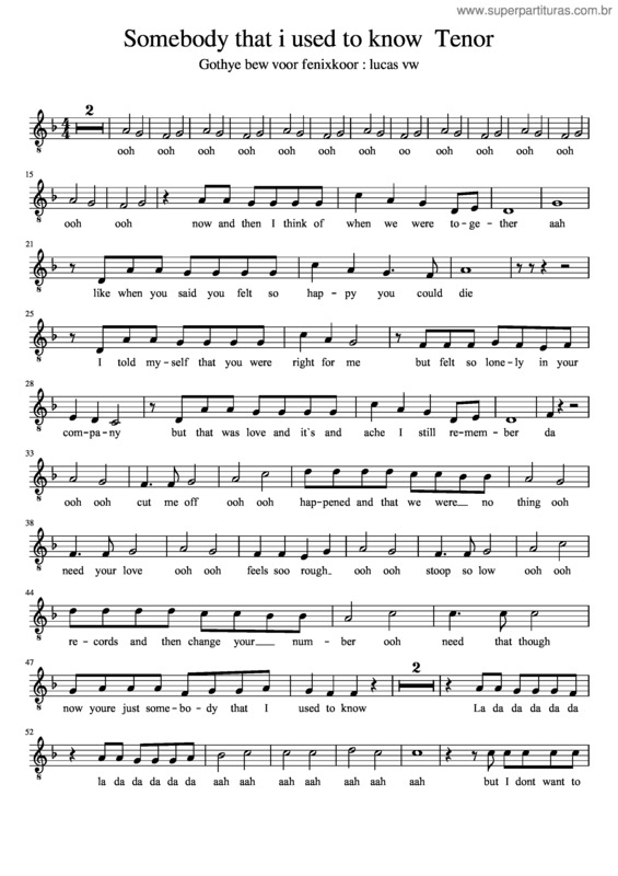 Partitura da música Somebody That I Used To Know Tenor