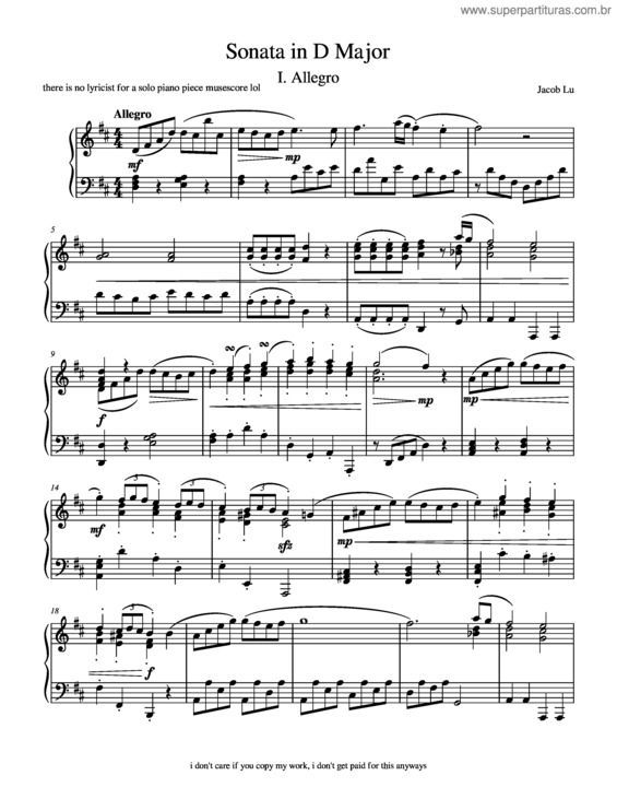 Partitura da música Sonata In D Major – Jacob Lu