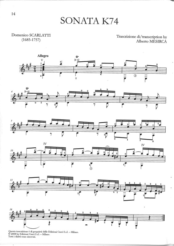 Partitura da música Sonata K74