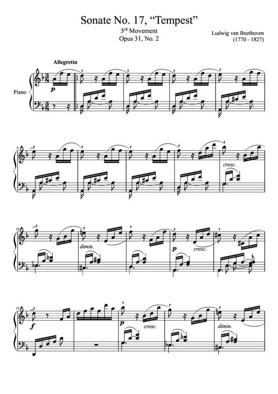 Partitura da música Sonata No. 17 Tempest 3rd Movement