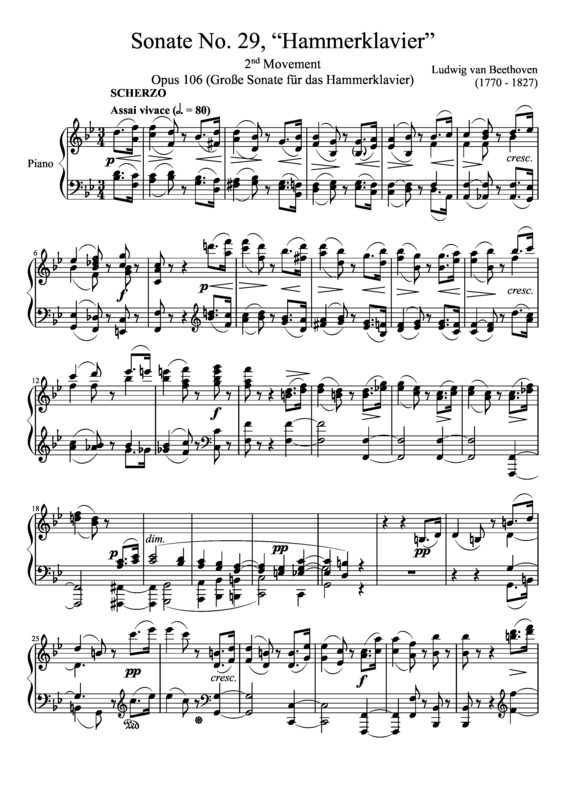Partitura da música Sonata No. 29 Hammerklavier 2nd Movement