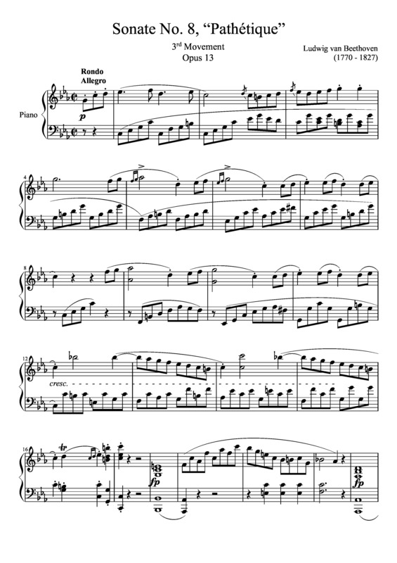 Partitura da música Sonata No. 8 Pathetique 3rd Movement