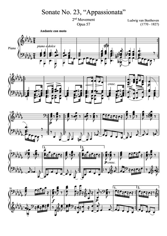 Partitura da música Sonata No 23 Apassionata 2nd Movement