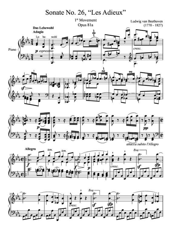 Partitura da música Sonata No 26 Les Adieux 1st Movement