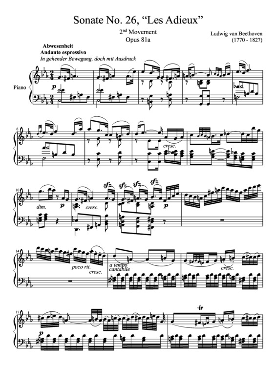 Partitura da música Sonata No 26 Les Adieux 2nd Movement