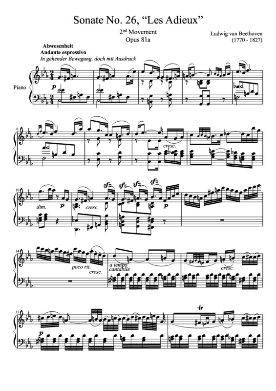 Partitura da música Sonata No 26 Les Adieux 2nd Movement
