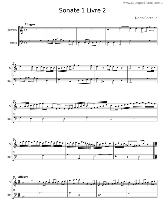 Partitura da música Sonate 1 Livre 2 – Dario Castello