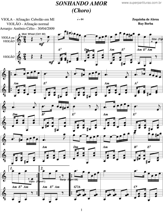 Partitura da música Sonhando Amor