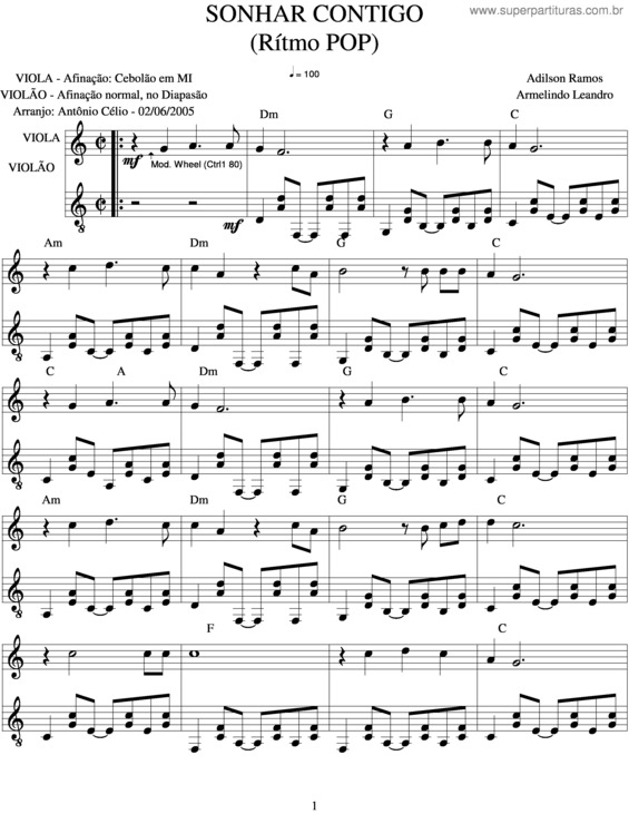 Partitura da música Sonhar Contigo v.2