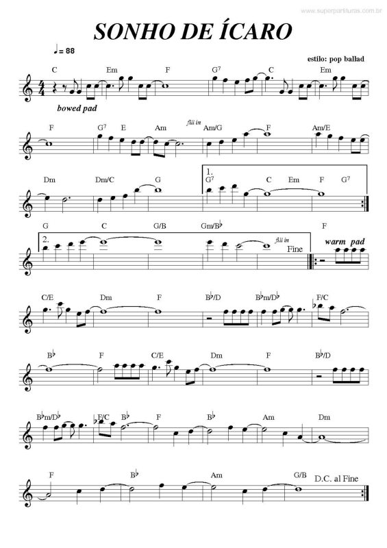 Partitura da música Sonho de Ícaro