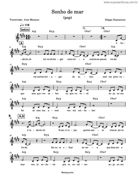 Partitura da música Sonho De Mar – Stôppa Diamantino