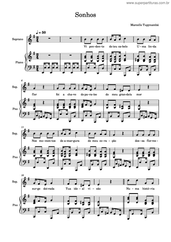 Partitura da música Sonhos – Marcello Tupynambá
