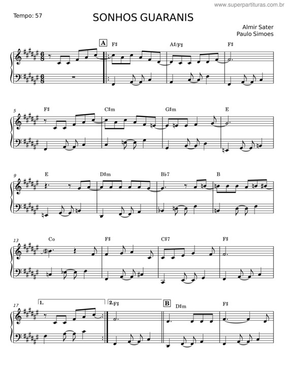Partitura da música Sonhos Guaranis – Almir Sater