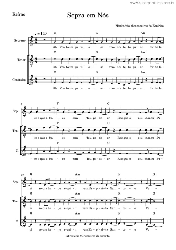 Partitura da música Sopra Em Nós – Ministério Mensageiros Do Espírito