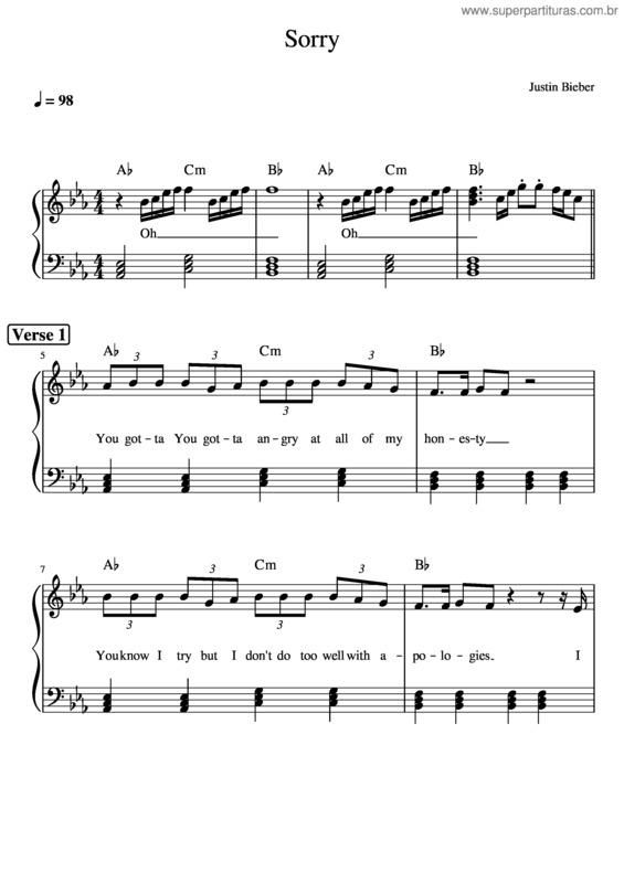 Partitura da música Sorry – Justin Bieber