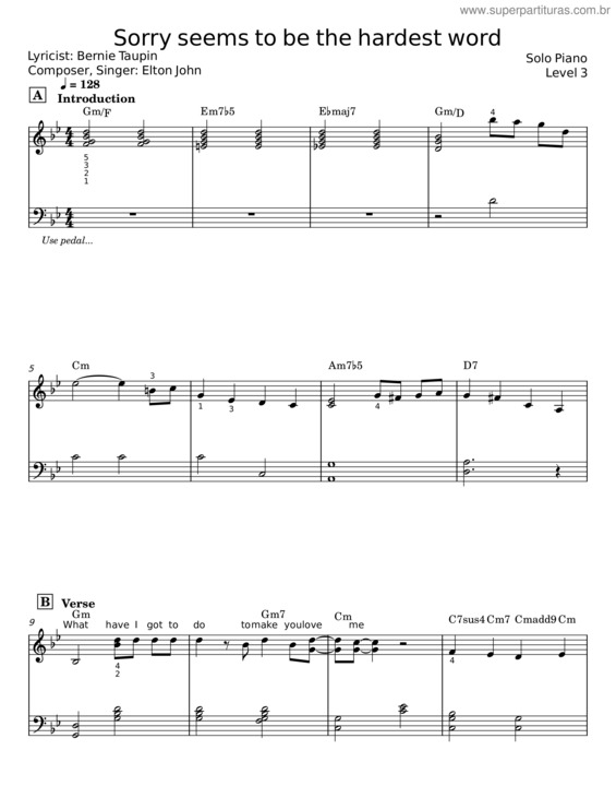 Partitura da música Sorry Seems To Be The Hardest Word – Bernie Taupin