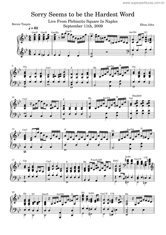 Partitura da música Sorry Seems To Be The Hardest Word – Live From Plebiscito Square In Naples, 2009