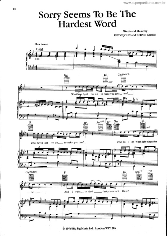 Partitura da música Sorry Seems To Be The Hardest Word v.3