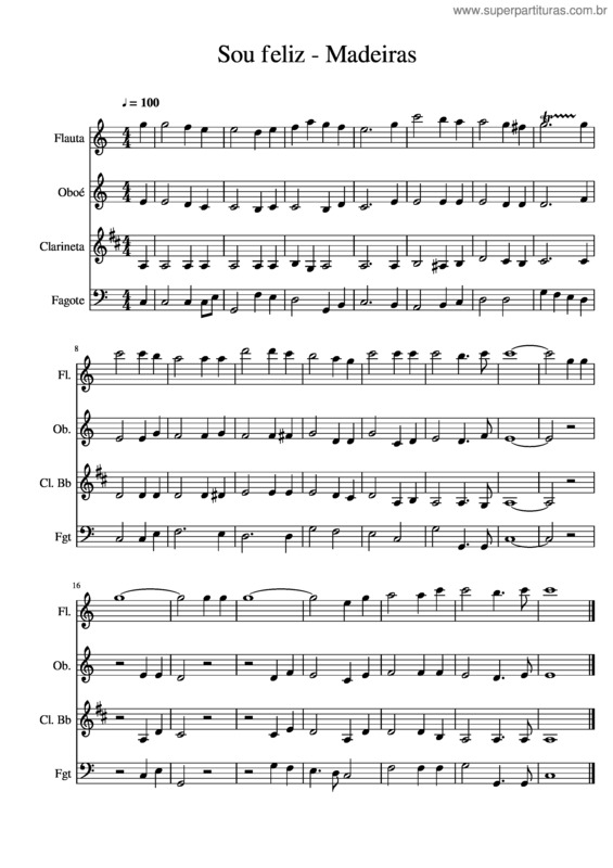 Partitura da música Sou Feliz – Madeiras