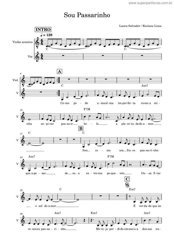 Partitura da música Sou Passarinho – Comunidade Católica Shalom