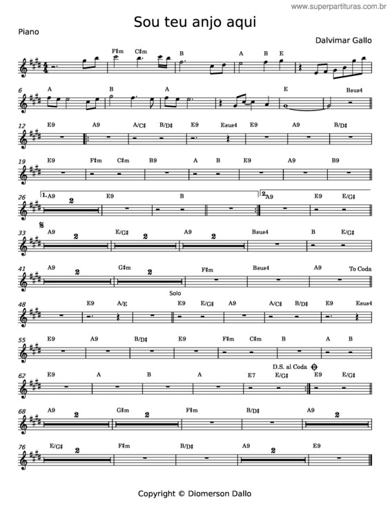 Partitura da música Sou Teu Anjo Aqui – Dalvimar Gallo