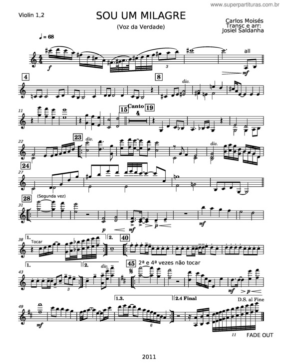 Partitura da música Sou Um Milagre – Carlos Moises