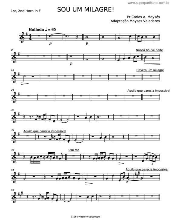 Partitura da música Sou Um Milagre – Pr Carlos A Moysés v.3