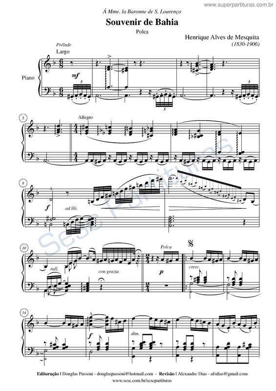 Partitura da música Souvenir de Bahia