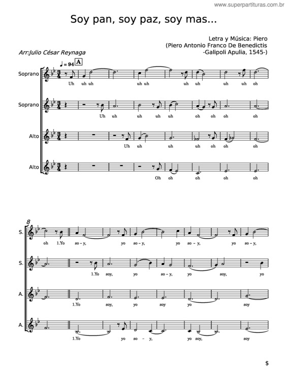 Partitura da música Soy Pan, Soy Paz, Soy Más... – Piero Antonio Franco De Benedictis